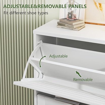 VECELO Shoe Cabinet Storage for Entryway with 3 Flip Drawers Slim Hidden Free Standing Organizer for Narrow Hallway, Bedroom, Living Room, Large Capacity, Modern, White, 3-Shelf