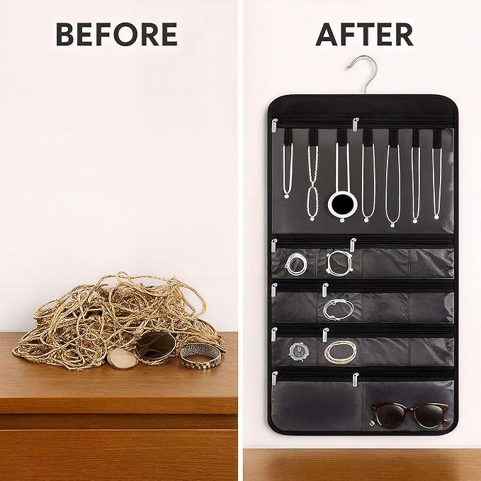 Hanging Jewelry Organizer XLarge - 43 Pockets + 7 Loops Dual-Sided with Zipper for Necklace, Earring, Rings - Travel Jewelry Organizers and Storage Holder with 360 Degree Hanger for Closet, Wall, Door