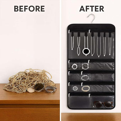 Hanging Jewelry Organizer XLarge - 43 Pockets + 7 Loops Dual-Sided with Zipper for Necklace, Earring, Rings - Travel Jewelry Organizers and Storage Holder with 360 Degree Hanger for Closet, Wall, Door