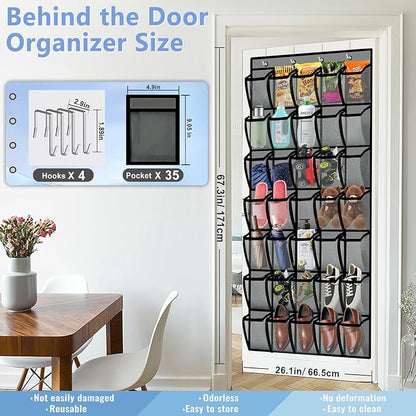 Aheroi Over the Door Shoe Organizer, 35 Pockets Mesh Shoe Organizer Door Hanger, Large Hanging Shoe Rack Holds Up to 40 lbs, Closet Shoe Behind Door Rack, Gray Durable Storage Hanging Bag