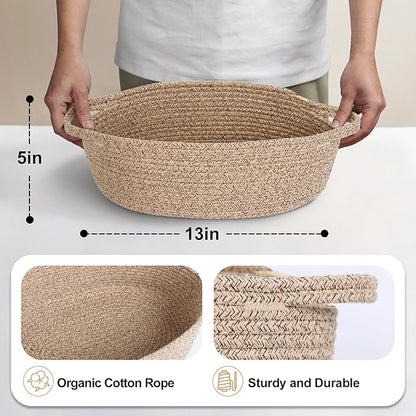 MEGASKET Brown Variegated Small Woven Basket, 13” x 9” x 5” Baskets for Gifts Empty, Cotton Rope Gift Basket, Cute Nursery Baby Organizer, Cat Dog Toy Bin Box, Wicker Storage Bin with Handle