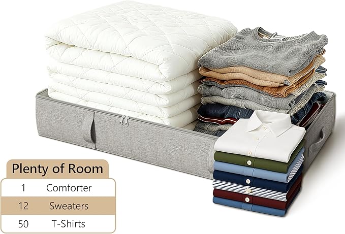 TidyCorner 2-Pack Under Bed Storage Containers, 8 Inches Tall Underbed Clothes Storage Organizer Bin with Sturdy Sidewalls/Bottom, Under the Bed Storage Bags 2 Storage Bins, Light Grey