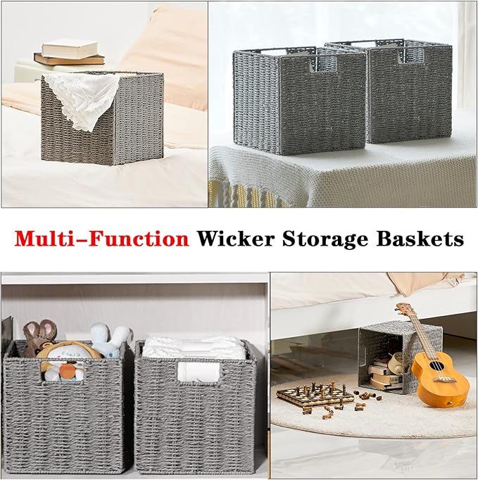 Vagusicc Wicker Storage Basket, Set of 2 Hand-Woven Storage Baskets for Shelves with Handles, Foldable Cube Storage Baskets Bins Organizer 13 inch Large Wicker Baskets for Pantry Bedroom Decor, Grey