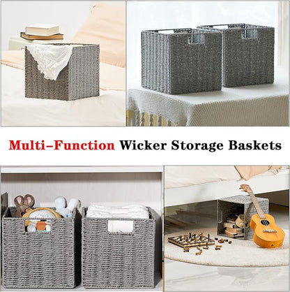 Vagusicc Wicker Storage Basket, Set of 2 Hand-Woven Storage Baskets for Shelves with Handles, Foldable Cube Storage Baskets Bins Organizer 13 inch Large Wicker Baskets for Pantry Bedroom Decor, Grey