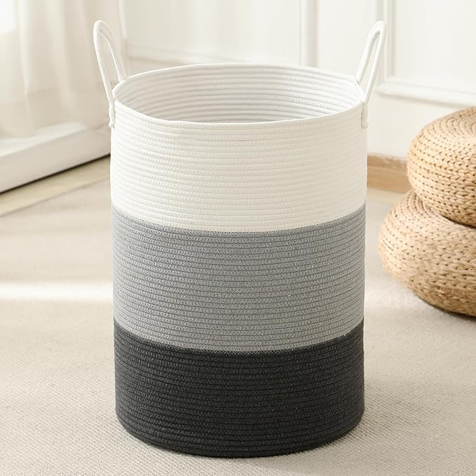 Laundry Basket Hamper Tall Rope Storage Woven for Blanket toys Dirty Clothes in Living Room Bathroom Bedroom (Gradient Grey, 100L/26.4Gal)