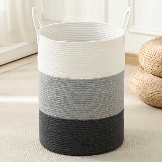 Laundry Basket Hamper Tall Rope Storage Woven for Blanket toys Dirty Clothes in Living Room Bathroom Bedroom (Gradient Grey, 60L/15.8Gal)