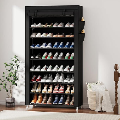 Laiensia 9-Tier Vertical Shoe Rack Organizer, Space Saving Shoe Storage Organizer, Non-Woven Cover Shoe Shelf Holds 36-45 Pairs for Bedroom, Hallway, Closet Entryway, Black