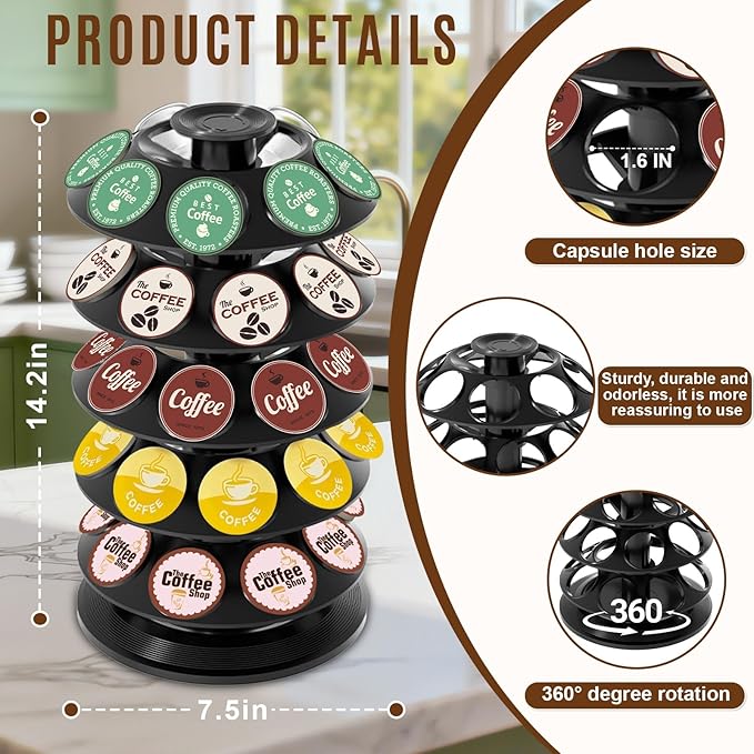 K Cup Holder, Coffee Pod Holder for Keurig Pods - 40 Capsule Spinning Organizer with 360° Turntable, Also Fits Nescafé Dolce Gusto Pods, Space Saving for Kitchen Counter & Office