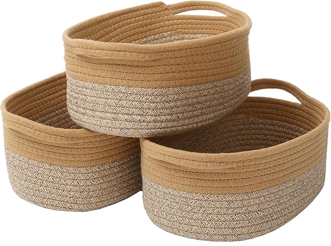 JMvicyroam Woven Basket,Small Rope Storage Bin with Handles & Ribbon Bag, Organizer for Shelves Closets,Gift Basket Empty for Birthday,Books,Dog Toys, Jute&Brown/3 Pack