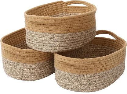 JMvicyroam Woven Basket,Small Rope Storage Bin with Handles & Ribbon Bag, Organizer for Shelves Closets,Gift Basket Empty for Birthday,Books,Dog Toys, Jute&Brown/3 Pack