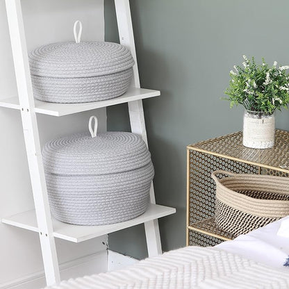 Sea Team Round Cotton Rope Storage Basket with Lid, Decorative Woven Storage Bin, Pot, Caddy, Organizer, Container for Snacks, Towels, Plants, 13 x 5.5 Inches (Large, Shallow, Grey)