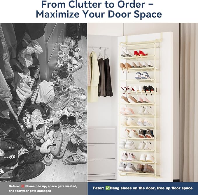 Whitmor 36 Pair Over The Door Shoe Organizer, 12 Tier Hanging Shoe Organizer, Heavy Duty Metal & Mesh Shoe Holder, Hanging Shoe Rack for Closet Organizer & Storage, 74"L x 21.7"W x 7.5"H, Beige