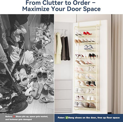 Whitmor 36 Pair Over The Door Shoe Organizer, 12 Tier Hanging Shoe Organizer, Heavy Duty Metal & Mesh Shoe Holder, Hanging Shoe Rack for Closet Organizer & Storage, 74"L x 21.7"W x 7.5"H, Beige