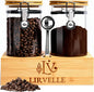 Airtight Coffee Canister with Scoop | Curated Glass Storage Set for Beans, Grounds & Sugar | 9-Piece Ritual Organizer with Bamboo Base, Versatile Artisan Spoon, Labels & Cleaning Brush