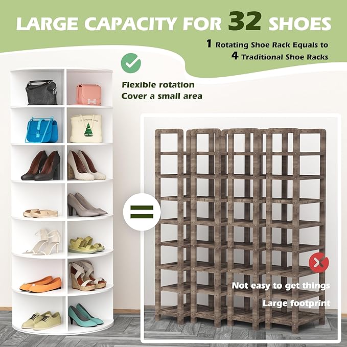 7-Tier Rotating Shoe Rack Tower, Free Standing 360° Revolving shoe organizer and storage hold over 56 pairs of shoes, lazy Susan shoe storage cabinet, Spinning room decor Shoe Display, 2 PCS (2)