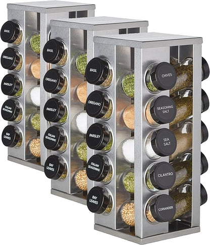 Kamenstein 20 Jar Heritage Revolving Countertop Spice Rack Organizer with Spices Included, FREE Spice Refills for 5 years, Brushed Stainless Steel with Black Caps (Pack of 3)