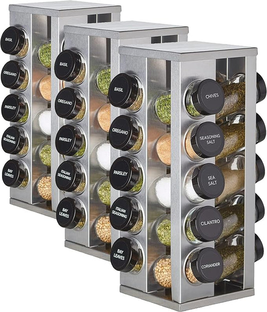 Kamenstein 20 Jar Heritage Revolving Countertop Spice Rack Organizer with Spices Included, FREE Spice Refills for 5 years, Brushed Stainless Steel with Black Caps (Pack of 3)