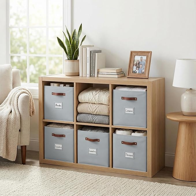 DECOMOMO Storage Cubes, 13x13x13 Storage Cube Bins with Labels, Fabric Organizer Bins (13" / 6pcs, Grey)