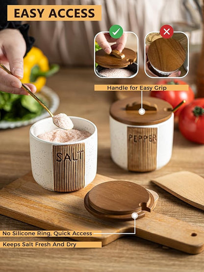 Salt and Pepper Bowl Ceramic, 10 Oz Salt and Pepper Cellar with Lid and Spoon, Farmhouse Salt Containers for Countertop, White