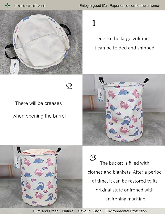 Round waterproof laundry basket,foldable storage basket,laundry Hampers with handle,gift basket,suitable for children's room and toy storage (Pink Dinosaur)