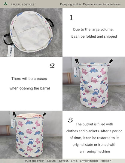 Round waterproof laundry basket,foldable storage basket,laundry Hampers with handle,gift basket,suitable for children's room and toy storage (Pink Dinosaur)