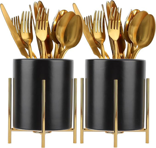 2pcs Sturdy Cutlery Holder White Ceramic With Metal Bracket Robust Silverware Caddy For Countertop - Spoon Holder Silverware Caddy
