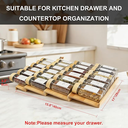 Spice Drawer Organizer with 24 Bamboo-lidded Spice Jars,216 Labels,25 Non-slip Rubber, Bamboo 4 Tier Seasoning Rack Tray Insert for Kitchen Drawers,Cabinets,Countertop,11" Wide x 15.8" Deep