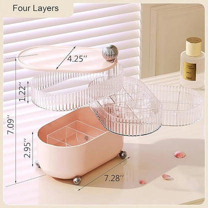 360° Rotating Hair Accessories Organizer for Headband Bows Clip,Hair Tie Organizer with Lid, Jewelry Organizer forEarrings Rings Necklaces Bracelet (Pink 4-Layer)