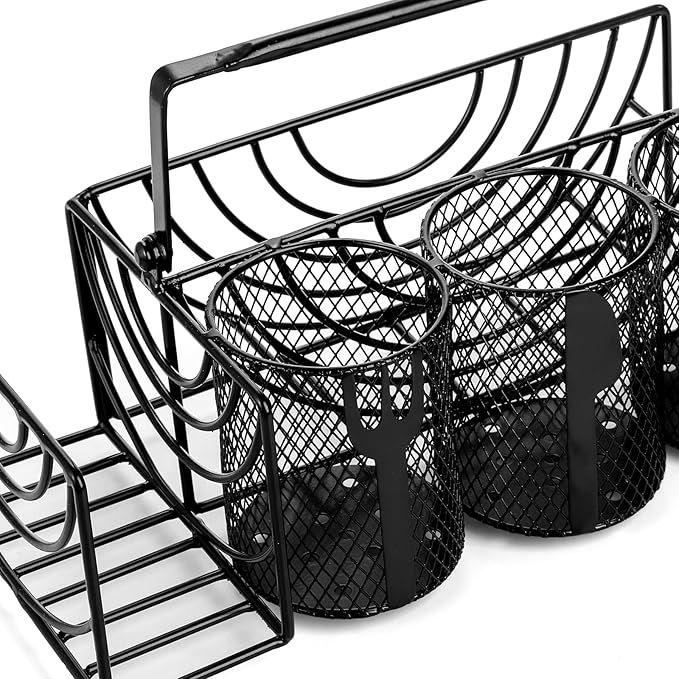 Metal Utensil Caddy with 5 Compartments, Black Mesh Silverware Caddy Organizer, Flatware Storage Holder for Napkins, Plates, Party, Camping, Picnic, Buffet, RV, BBQ, Kitchen, Countertop