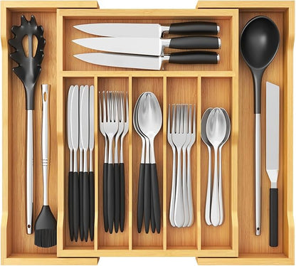 Lifewit Silverware Drawer Organizer, Expandable Utensil Tray for Kitchen, Flatware and Cutlery Holder, Wood Adjustable Storage for Spoons Forks Knives, 13-22x15/ 33-56x38cm, Natural