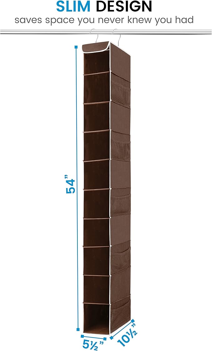 ZOBER Hanging Shoe Organizer for Closet, 10 Shelves - Hanging Shoe Rack W/Side Pockets - Narrow, Space Saving, Durable