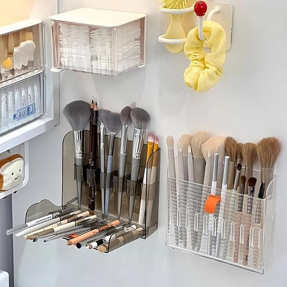 Wall-mounted Makeup Organizers, 16-Slot Eyeliner Lip Liner Organizer Holder, Makeup Organizer for Brush, Makeup Pencils, Concealer Pencil Display Case for Vanity Bathroom (Transparent White)