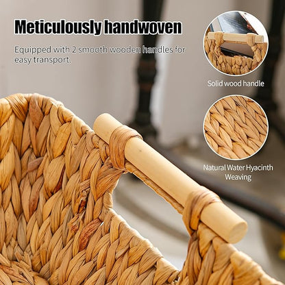 Mowtanco Woven Storage Baskets – Set of 2 Handwoven Water Hyacinth Wicker Baskets with Wooden Handles for Organizing, Decorative Baskets for Laundry Room, Home Decor - 2 Medium
