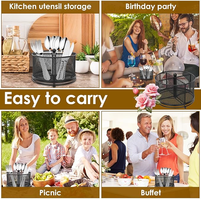 US 360°Rotating Utensil Caddy Kitchen Utensil Holder 6.7×6.7×5.1 Inch Metal Utensil Organizer 4-Compartment Metal Utensil Caddy Rotatable Cutlery Holder Multifunctional Flatware Organizer for Home