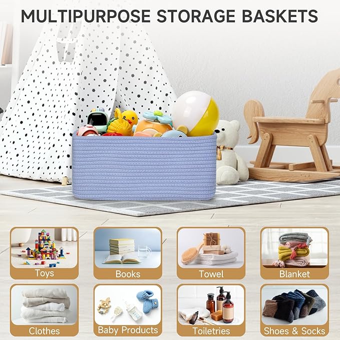 3-Pack Storage Baskets for Organizing | Woven Shelf Toy Basket | Rope Baskets for Gifts Empty | Closet Organizer Bins with Handles | Cube Decorative Box | 13.7×7.1×6.7” | Sky Blue