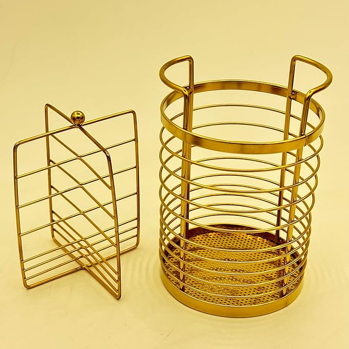 ZECNG Gold Kitchen Divided Organizer, Kitchen Countertop Holder for Serving Utensils, Stainless Steel Mesh Storage Baskets for Holding Knife Fork Spoon