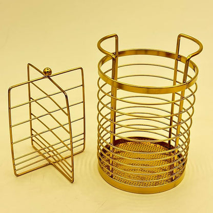 ZECNG Gold Kitchen Divided Organizer, Kitchen Countertop Holder for Serving Utensils, Stainless Steel Mesh Storage Baskets for Holding Knife Fork Spoon