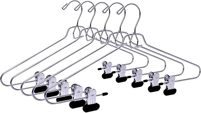 6 Quality Add-On Skirt Blouse Hanger Heavy-Duty Add-On Skirt Hangers with Clips, Multi Stackable Add on Hangers, Adjustable Wide Clip Pants Hanger, Chrome (Skirt Hanger - Wide Clips, 6)