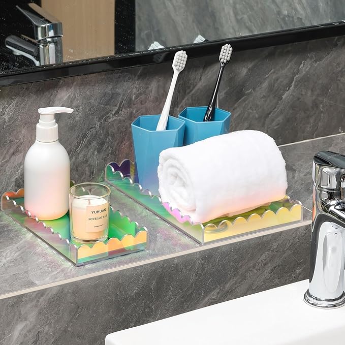 2 Pack Iridescent Acrylic Bathroom Vanity Tray 7.9" and 9.6",Colorful Soap Dispenser Decorative Scalloped Tray for Bathroom Kitchen Living Room Decor Vanity Perfume