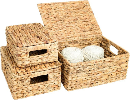 Wicker Storage Baskets, Hand-Woven Rectangular Wicker Basket with Lid for Bedroom & Living Room, Nesting Rattan Basket for Shelves (Water Hyacinth, 3-Pack)