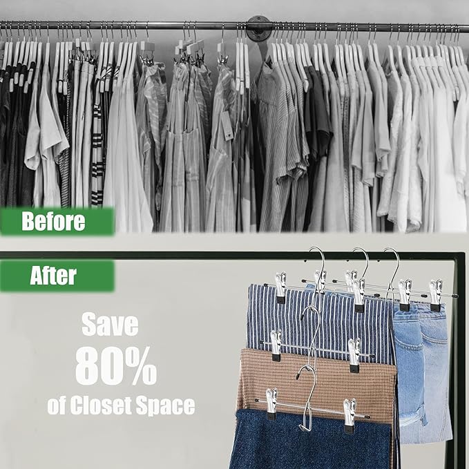 Pants Hangers with Clips, 20 Pack Stackable Skirts Hanger Space Saving, Hanging Closet Organizer and Storage for College Dorm Apartment