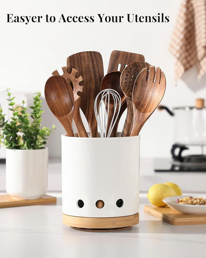 LoeJan 7.3“ 360° Rotating Ceramic Utensil Holder for Kitchen Countertop – Cooking Utensil Crock Organizer with Non-Slip Cork Base for Farmhouse Kitchen Decor, White