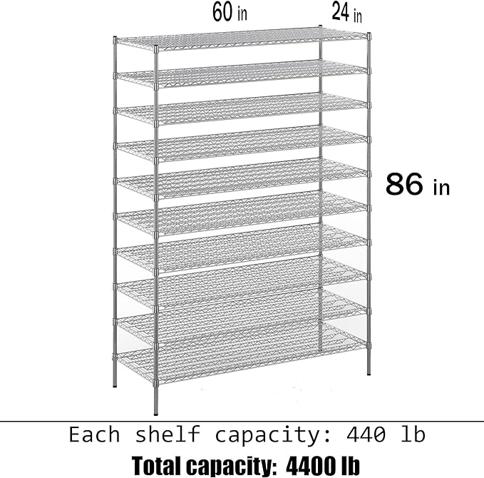 24" Deep x 60" Wide x 86" Height Wire Shelving Kit | 10-Tier | NSF Commercial Storage Rack Unit