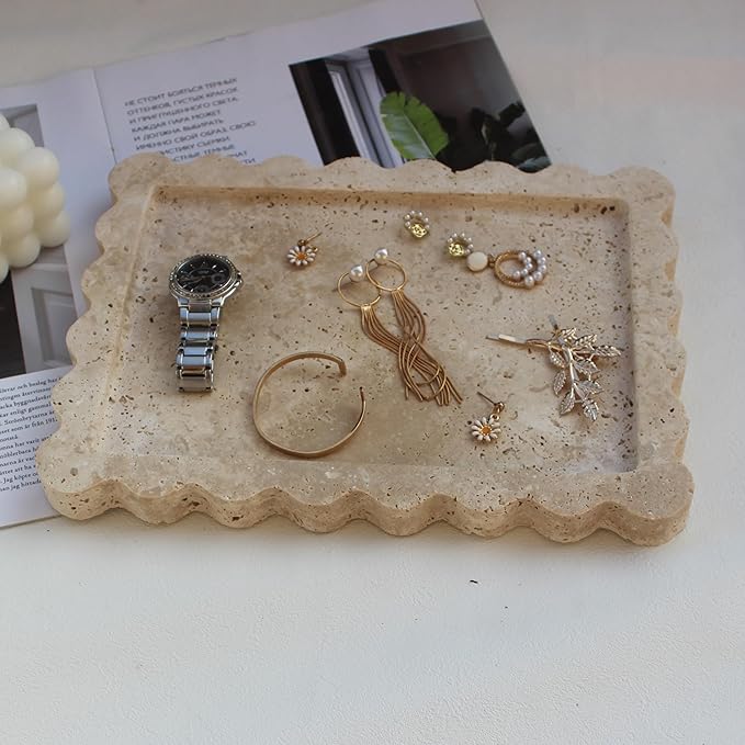 Natural Luxury Scalloped Marble Tray 10.8"x8", Rectangle Vanity Tray for Bathroom Kitchen Counter, Decorative Tray for Dresser Home Decor - Beige Travertine