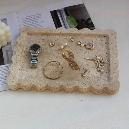 Natural Luxury Scalloped Marble Tray 10.8"x8", Rectangle Vanity Tray for Bathroom Kitchen Counter, Decorative Tray for Dresser Home Decor - Beige Travertine