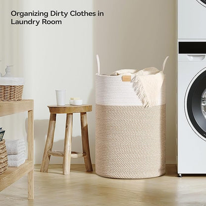 Nunsino Laundry Hamper 95L,Large Laundry Basket for Clothes,Decorative Storage Basket for Blankets,Cotton Rope Woven basket for bedroom,Brown White