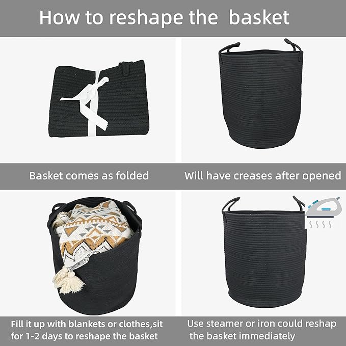 Woven Cotton Rope Laundry basket-16”X22” Laundry Hamper-Rope Storage Basket for Dirty Clothes, Toys and Blankets Perfect for Bathroom, Baby nursery and Living Room Storage (black, Large)