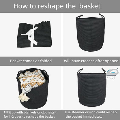 Woven Cotton Rope Laundry basket-16”X22” Laundry Hamper-Rope Storage Basket for Dirty Clothes, Toys and Blankets Perfect for Bathroom, Baby nursery and Living Room Storage (black, Large)