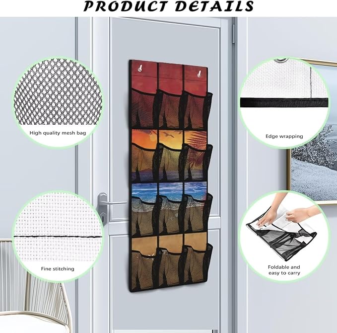 Generic Sunset Beach Over The Door Shoe Organizer Large Pockets Storage Door Organizer Multi-Layer Pocket Structure to Meet The Storage Needs of Different Items for Mom Dad Housewives