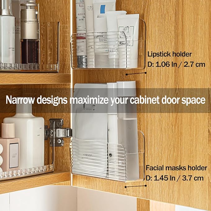 Bathroom Medicine Cabinet Organizer Set, Small Narrow Compact Shelves Holder Compartments for Lipstick, Facial Mask, 2 Pcs Trays for Cabinet Wall, Vanity - Clear